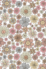 A retro floral pattern in neutral tones of beige, pink, and soft yellow, with various sizes of flowers overlapping on a white background. Peel and stick removable wallpaper.