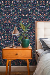 stylish bedroom interior nightstand plant lamp dark scandinavian floral accent wall