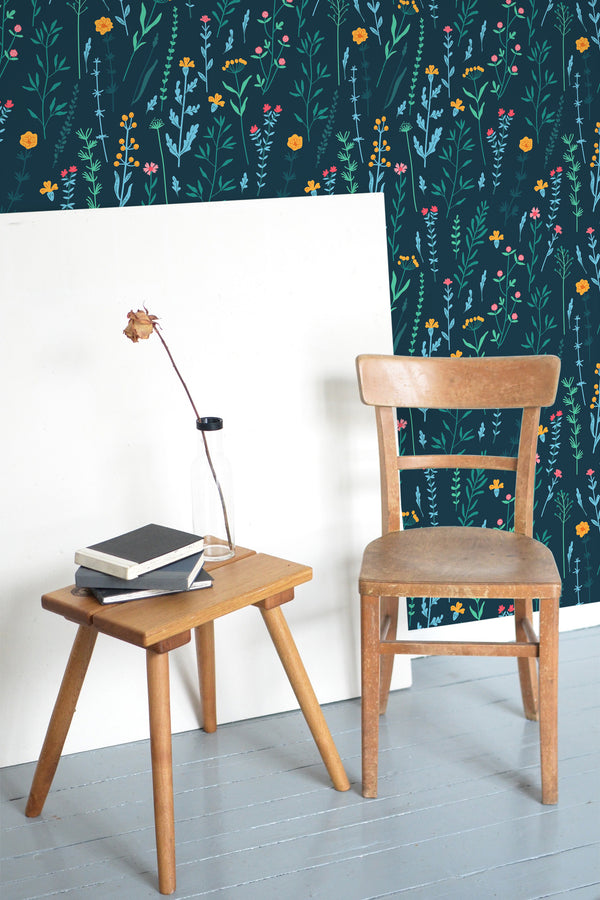 wooden table chair decorative plant blank canvas dark blue meadow self adhesive wallpaper