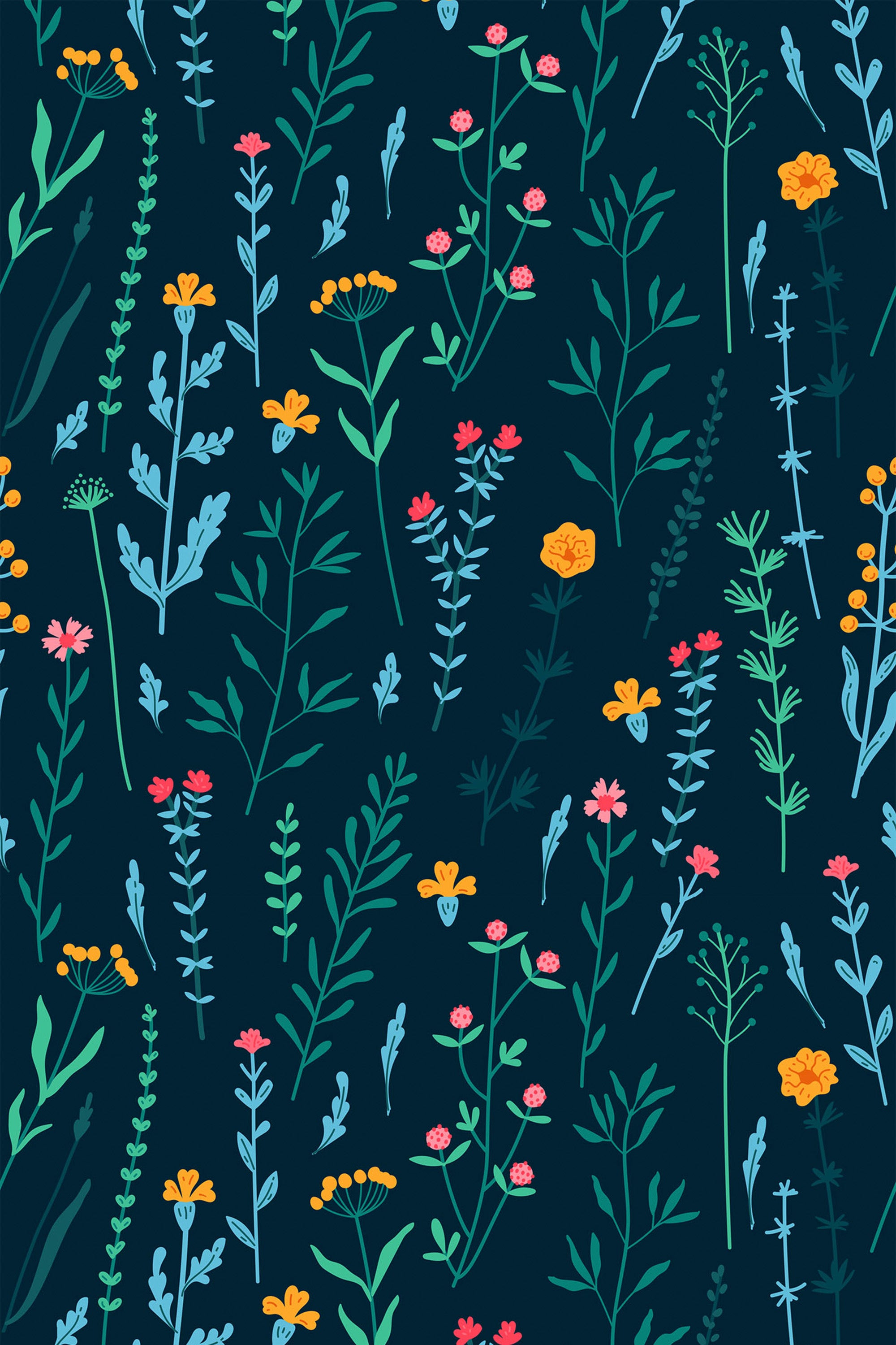 A dark blue meadow design with delicate, scattered wildflowers in vibrant colors of yellow, pink, and orange, with green leaves and stems in varying shades. The intricate floral elements create a lively, natural feel against a dark background. Peel and stick removable wallpaper.