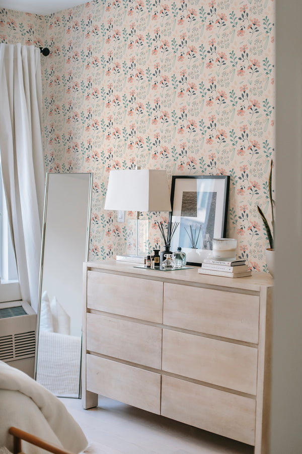         
peel and stick wallpaper pastel pink floral accent wall bedroom dresser mirror minimalist interior