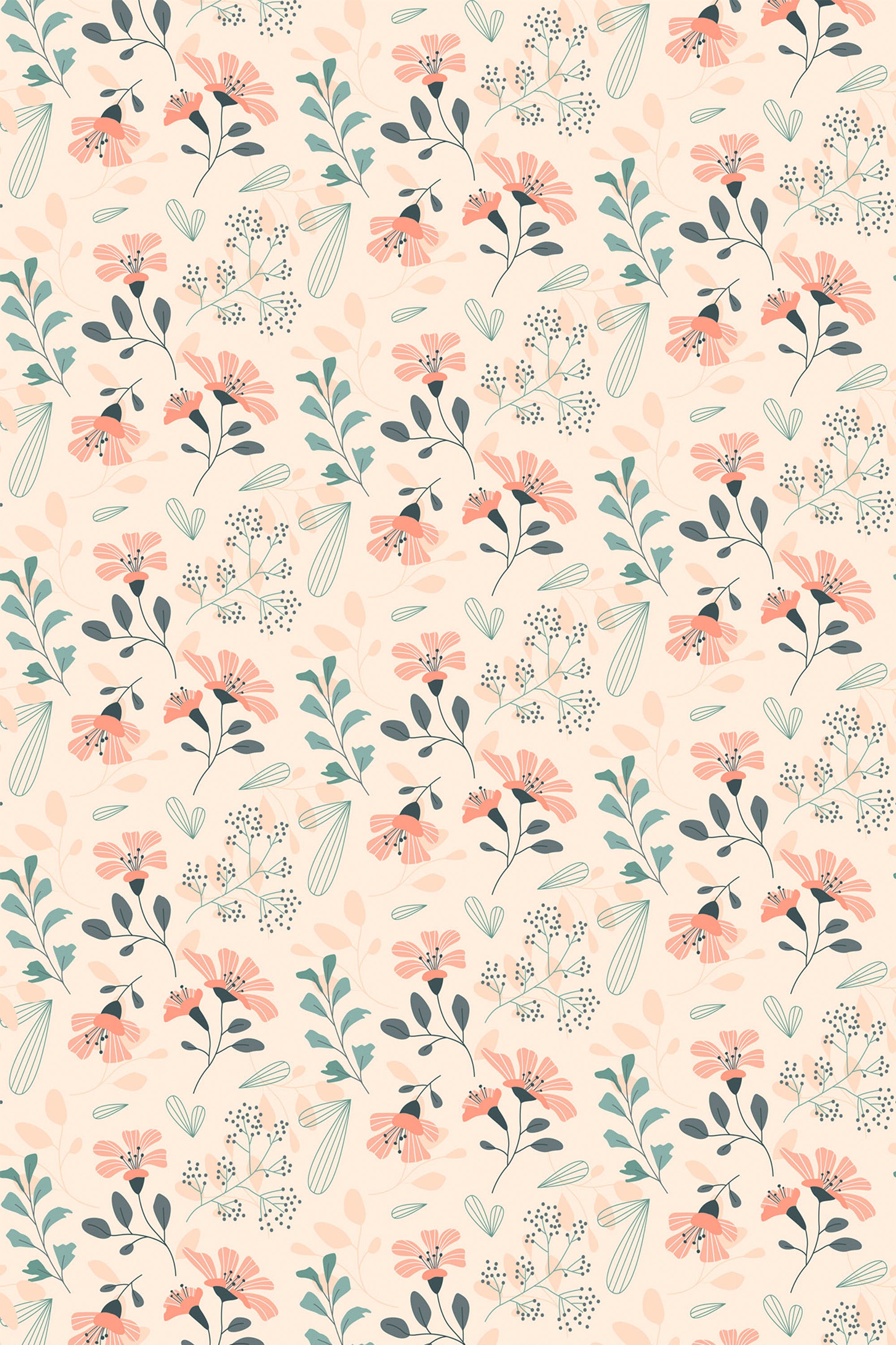 A delicate pattern of pastel pink flowers combined with soft green leaves scattered across a light cream background, creating an elegantly charming and calm ambiance. Peel and stick removable wallpaper.