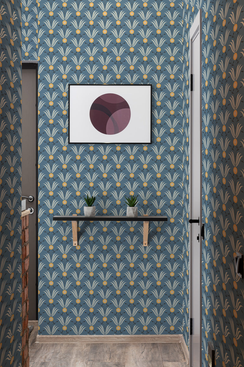 wallpaper blue art deco leaf pattern hallway entrance minimalist decor artwork interior
