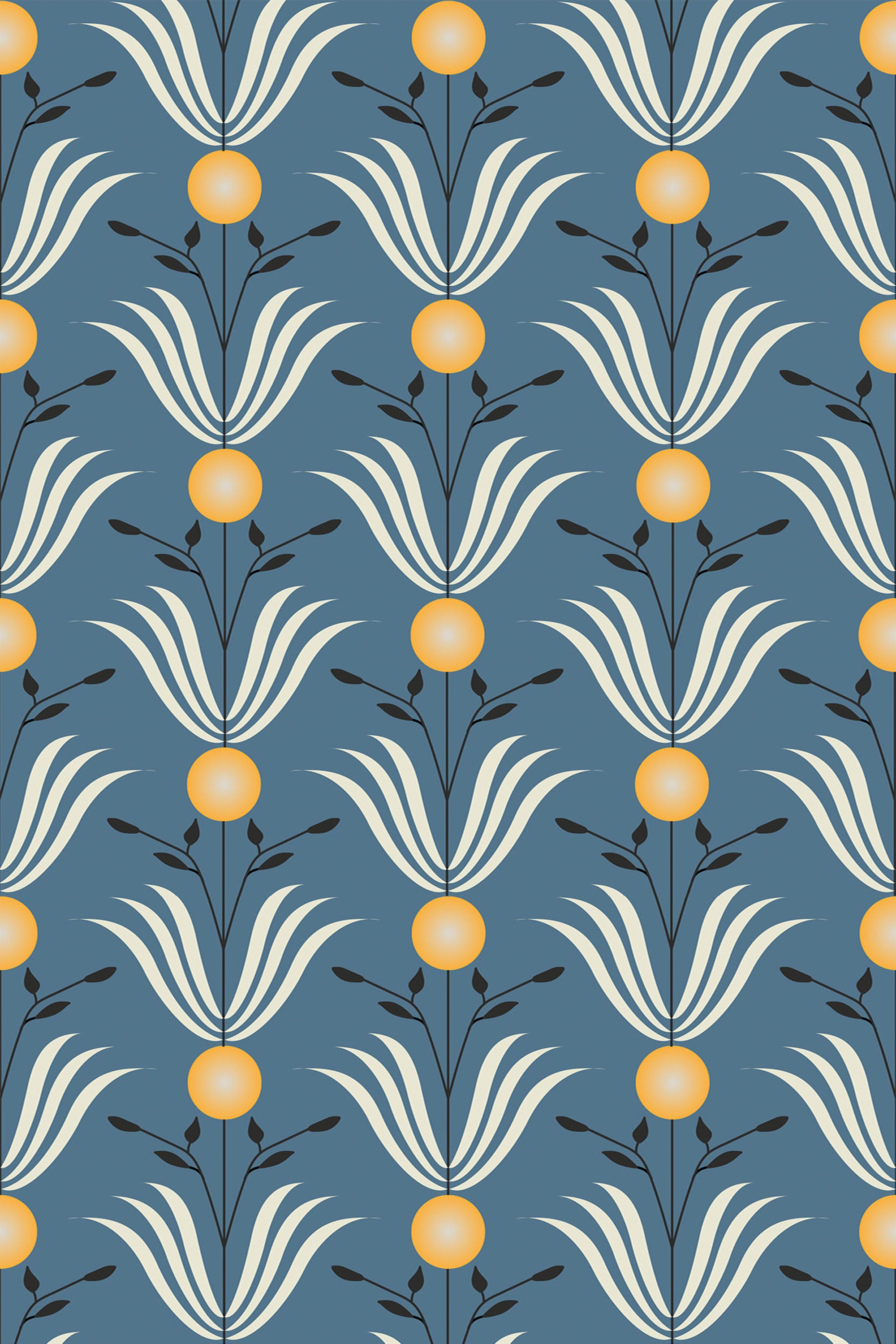 Blue art deco leaf pattern with alternating yellow-orange circles and stylized white leaves on a dark blue background, peel and stick removable wallpaper.