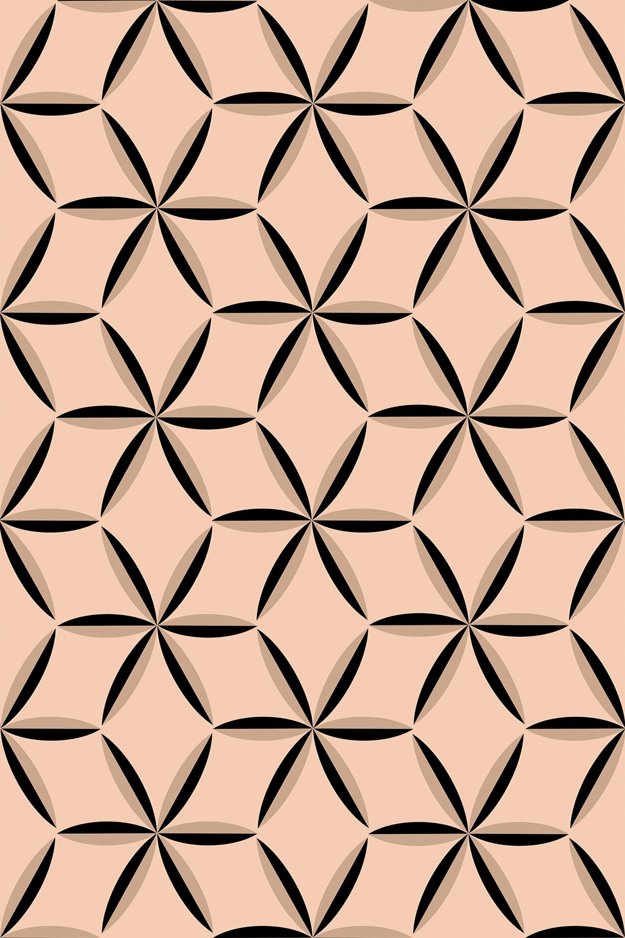 A repeating geometric pattern of black star-like shapes on a beige background, forming an interlocking tile design. Peel and stick removable wallpaper.