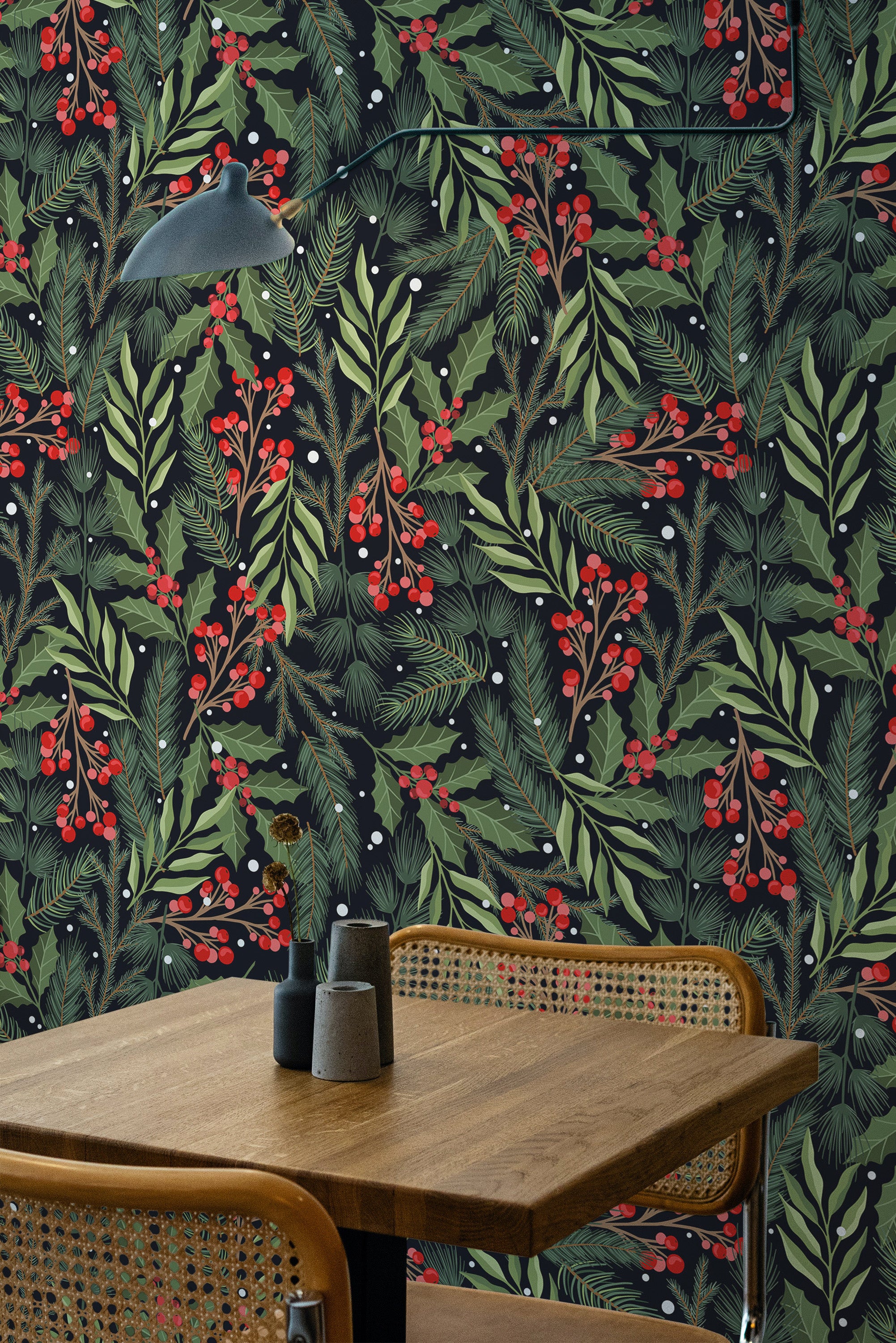 Self-adhesive wallpaper with a festive design of green leaves, red berries, and pine branches on a dark background.