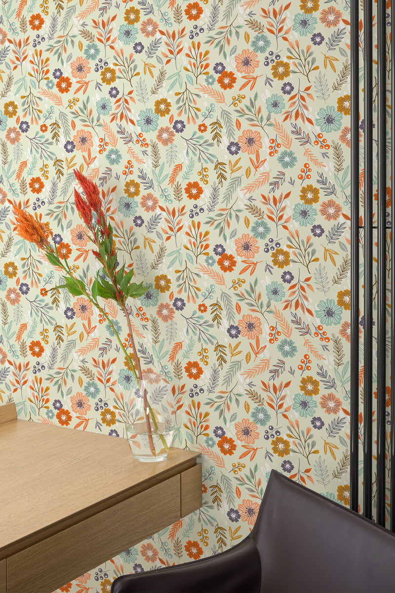 Self-adhesive yellow painted floral wallpaper with a vibrant pattern of orange, red, blue, and purple flowers interspersed among green leaves and stems, offering a lively and colorful atmosphere to the room.