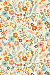 Yellow painted floral design with vibrant orange, blue, and purple flowers surrounded by green, yellow, and orange leaves on a light cream-colored background, peel and stick removable wallpaper.