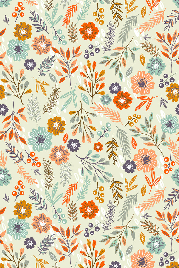 Yellow painted floral design with vibrant orange, blue, and purple flowers surrounded by green, yellow, and orange leaves on a light cream-colored background, peel and stick removable wallpaper.