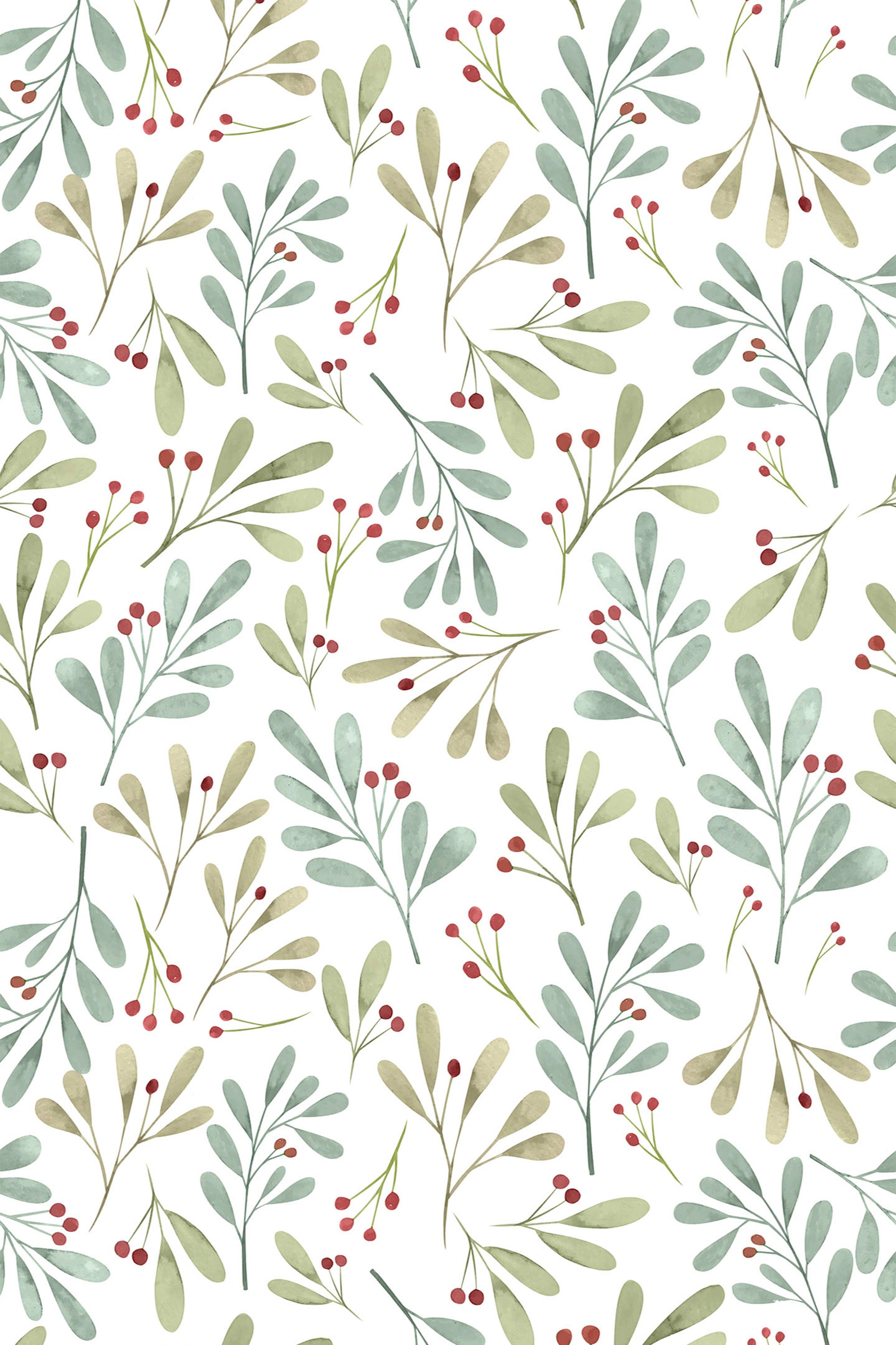 Watercolor-style wallpaper design of green and muted leaves interspersed with red berries on a white background, peel and stick removable wallpaper.