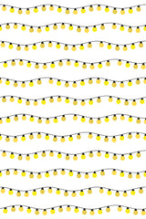 A repeating pattern of yellow and gold Christmas lights draped in a wavy line against a white background, peel and stick removable wallpaper.