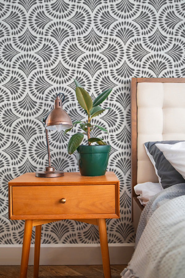 stylish bedroom interior nightstand plant lamp black art deco paisley accent wall