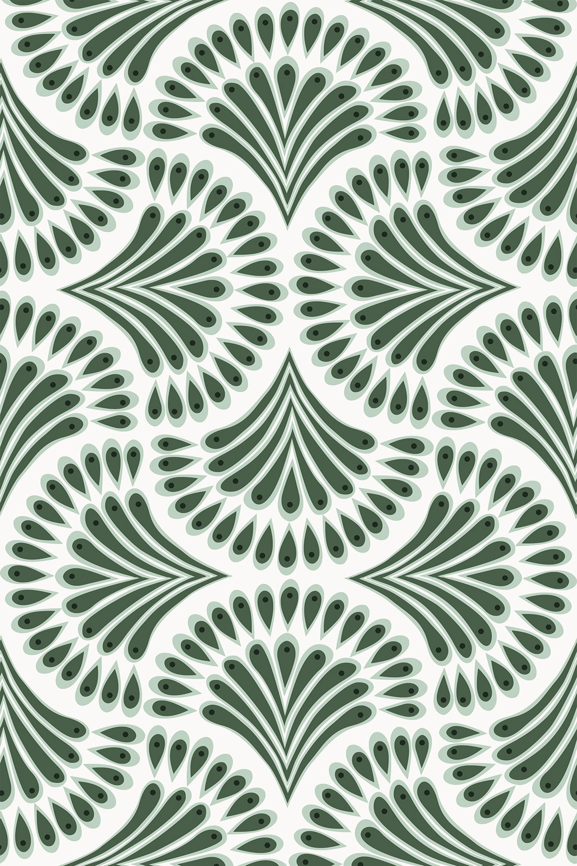 Repeating pattern of stylized green paisley shapes arranged in a symmetrical Art Deco-inspired design with intricate details on a light background, peel and stick removable wallpaper.