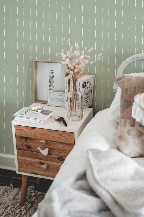 chic bedroom interior nightstand picture frame decor sage green brush stroke traditional wallpaper