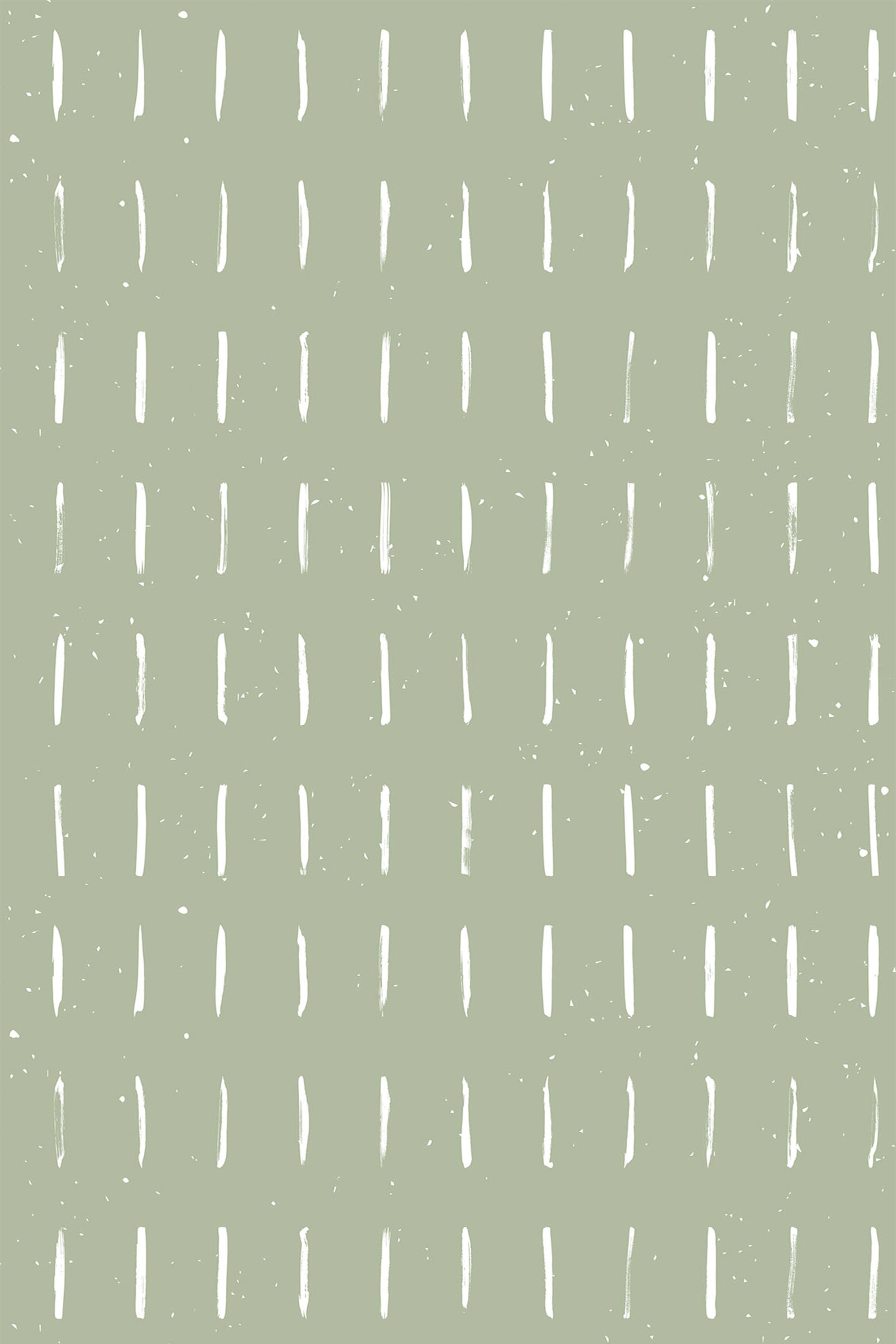 White vertical brush strokes on a soft sage green background, evenly spaced with subtle splatter accents. Peel and stick removable wallpaper.