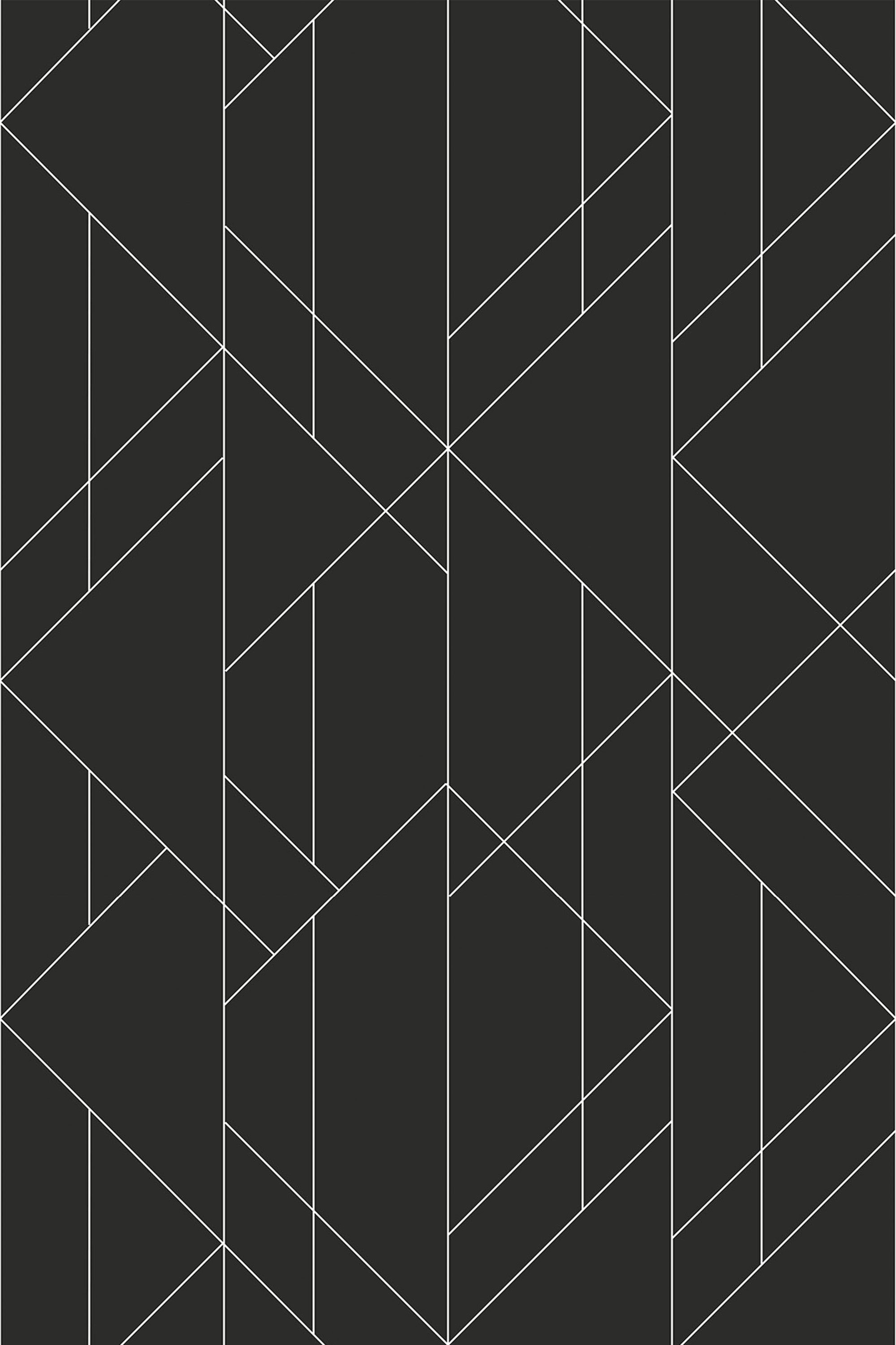 A geometric pattern with fine white lines forming interconnected shapes, including diamonds, triangles, and rectangles on a black background, peel and stick removable wallpaper.