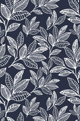 White leaf pattern against a navy blue background with detailed linework, creating an elegant botanical print on peel and stick removable wallpaper.