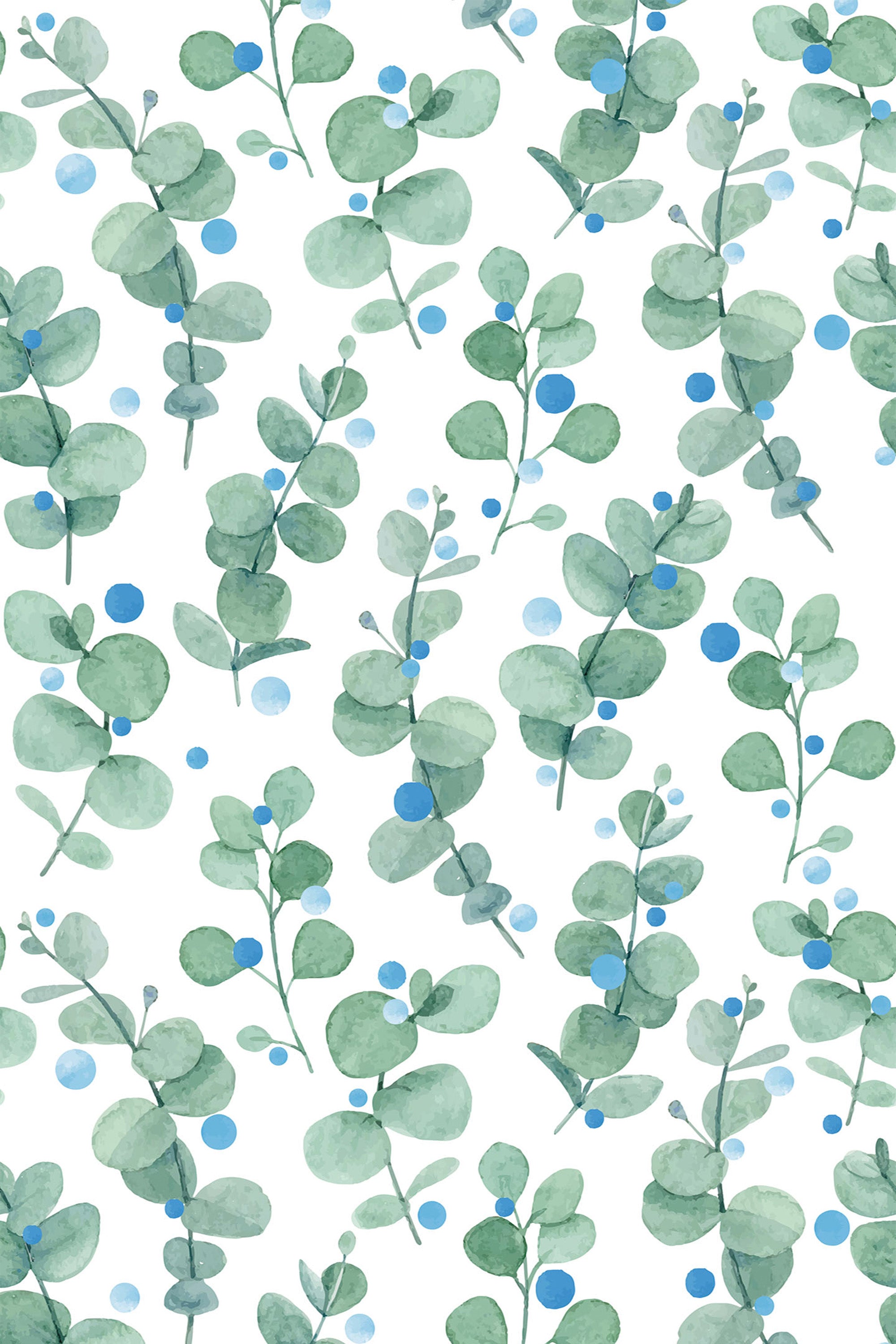 Watercolor-style eucalyptus leaves and berries in shades of green and blue scattered on a white background, creating a fresh, nature-inspired look. Peel and stick removable wallpaper.
