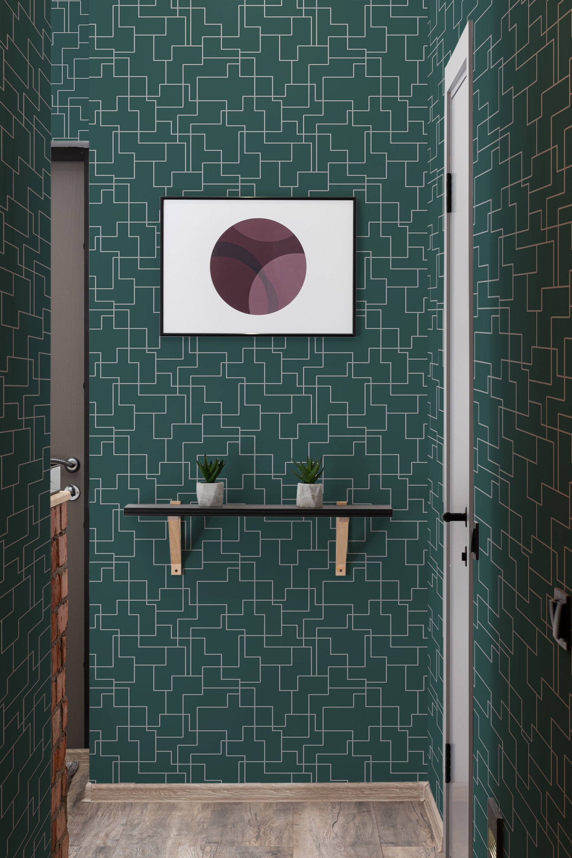 Emerald green wallpaper with an intricate geometric pattern of interconnected lines in a minimalist hallway. Traditional wallpaper.