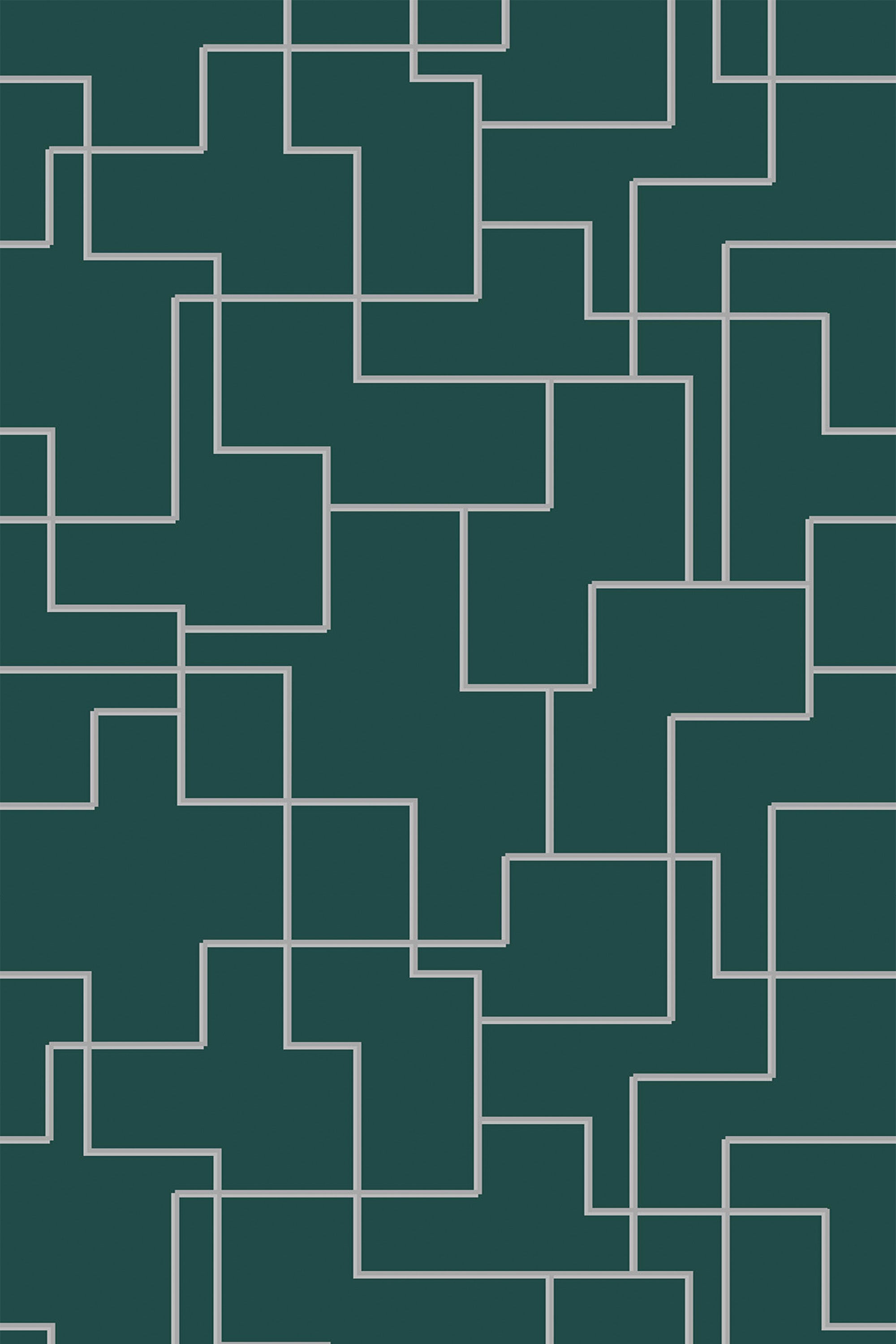 Emerald green geometric wallpaper with a pattern of interlocking squares and rectangles outlined in white. Peel and stick removable wallpaper.