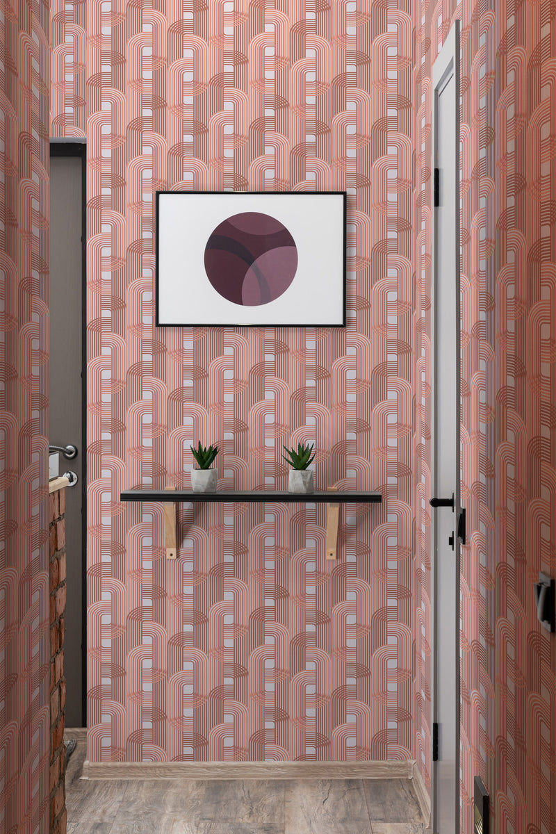 wallpaper pink luxury arch pattern hallway entrance minimalist decor artwork interior