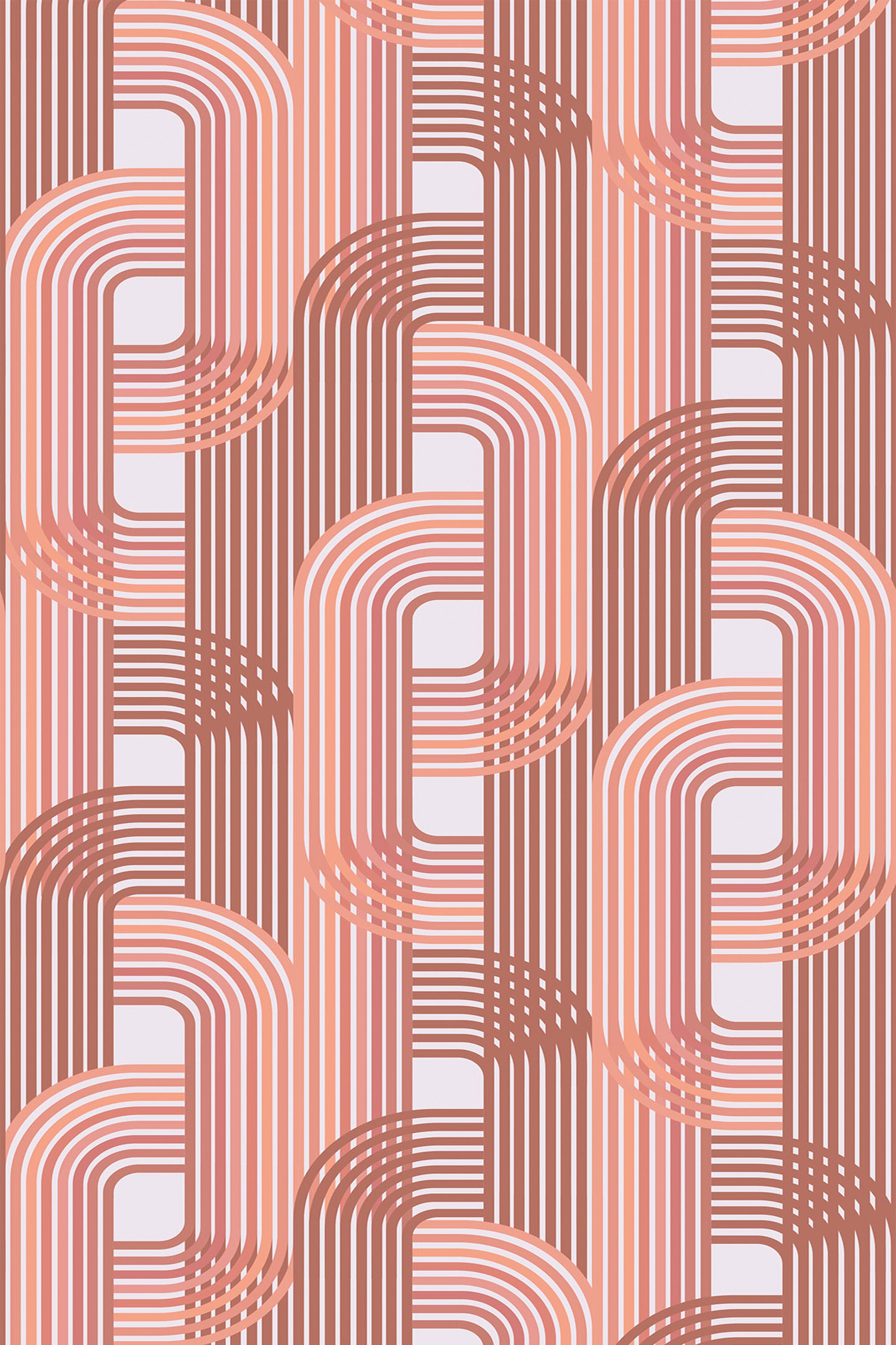 A repeating pattern of interconnected arches in shades of pink and soft terracotta on a white background, forming a seamless geometric design with varying line widths creating a 3D effect. Peel and stick removable wallpaper.