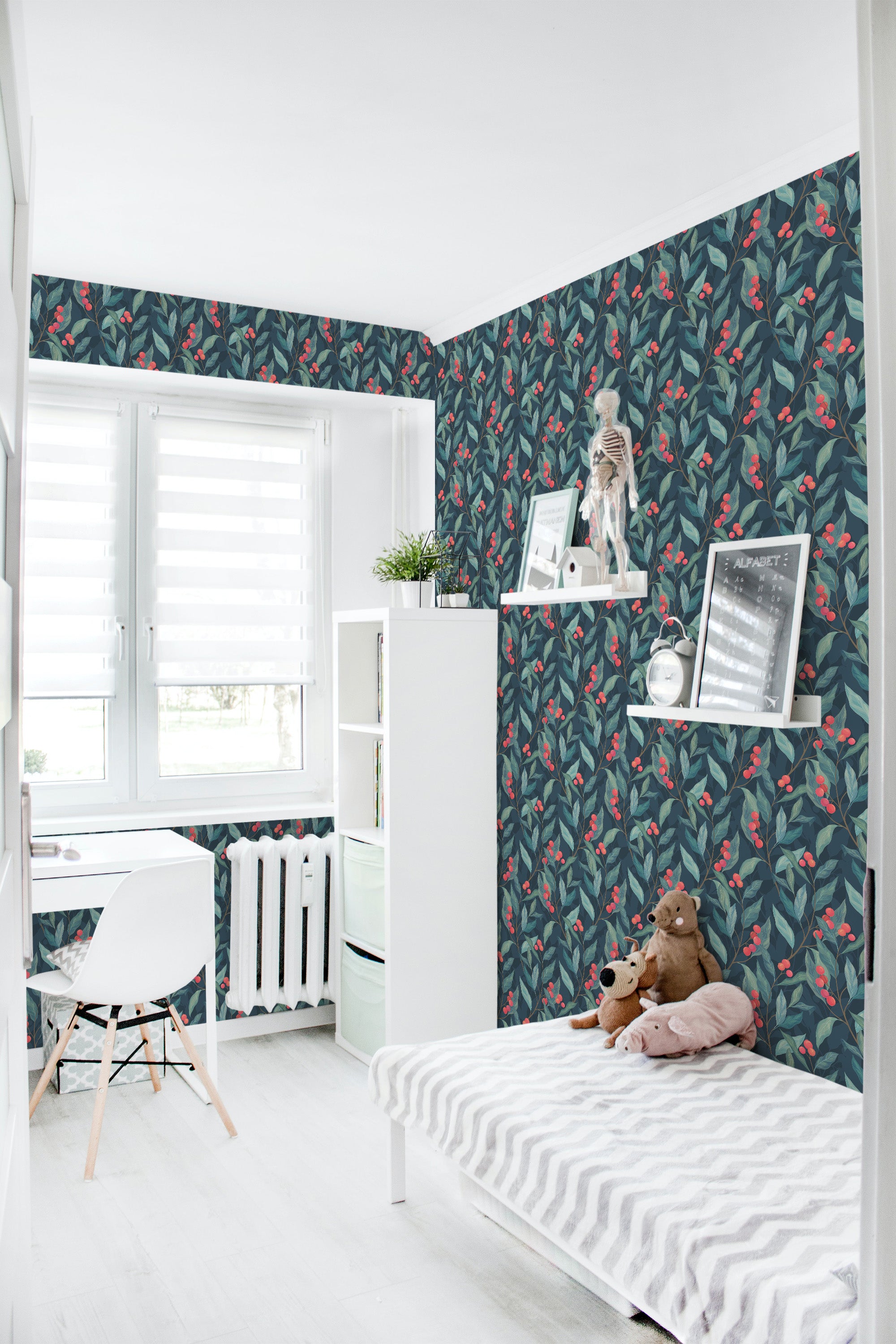 A room with dark green wallpaper adorned with vibrant red berries and lush leaves, evoking a rich, nature-inspired ambiance. Traditional wallpaper.