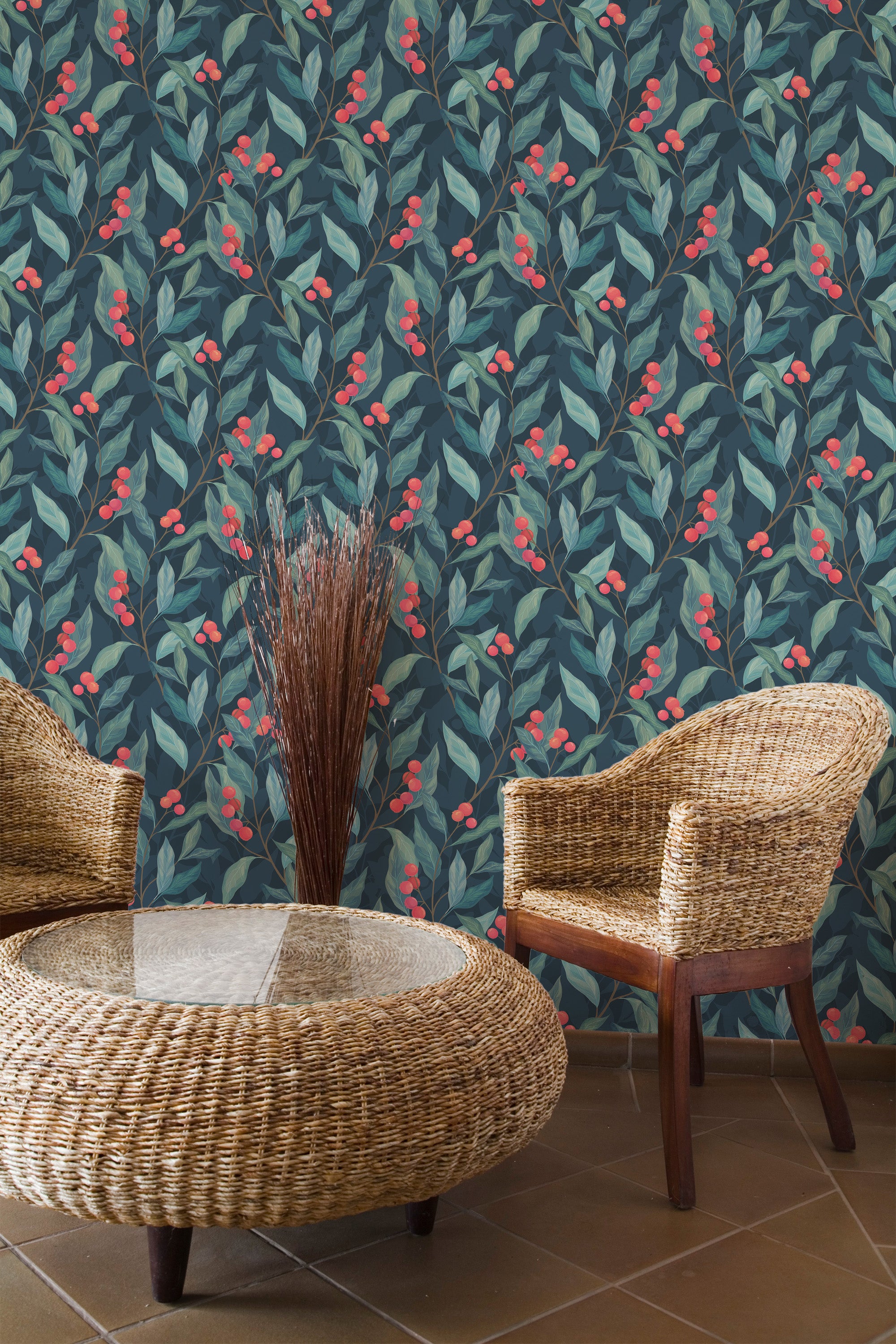 Self-adhesive bold berry wallpaper with a dark background and leafy green vines intertwined with clusters of red berries, creating a vibrant and natural look.