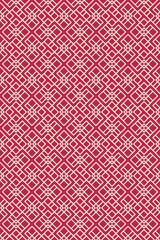 A repeating geometric pattern with white, intricate, interlocking shapes against a bold Viva magenta background. Peel and stick removable wallpaper.