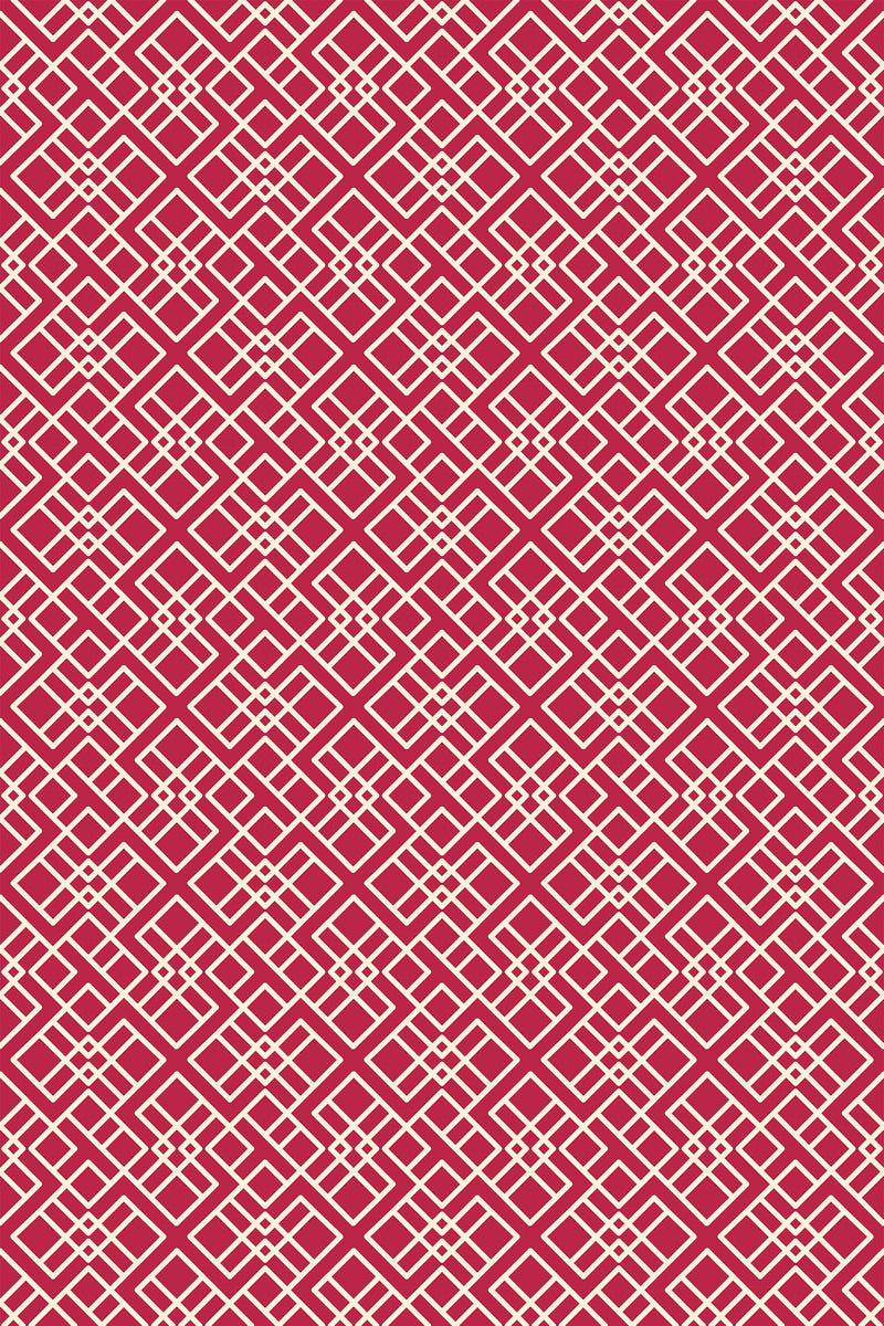 A repeating geometric pattern with white, intricate, interlocking shapes against a bold Viva magenta background. Peel and stick removable wallpaper.