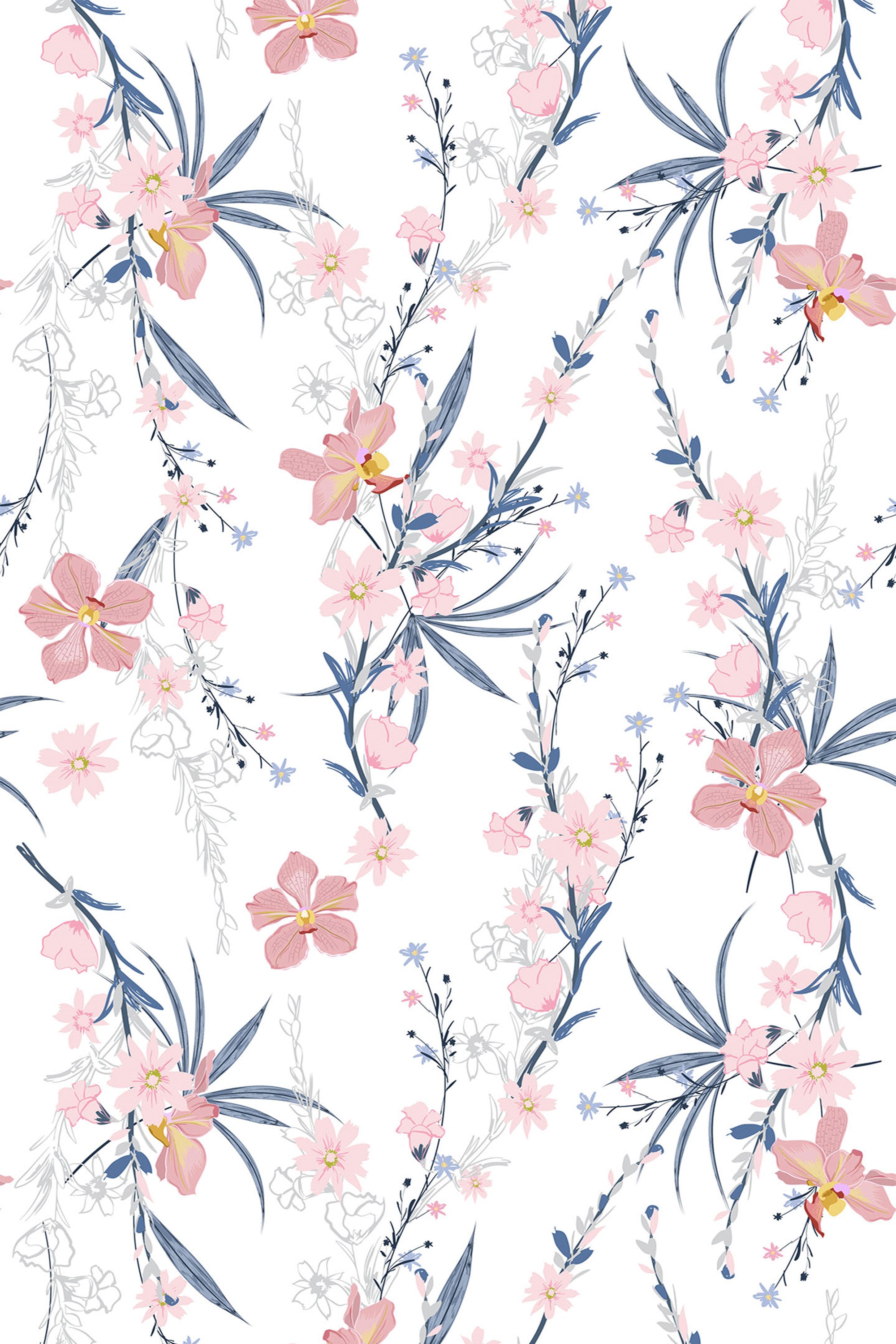 Delicate watercolor flowers in soft pink tones are intertwined with slender, flowing blue and green leaves on a crisp white background. Peel and stick removable wallpaper.