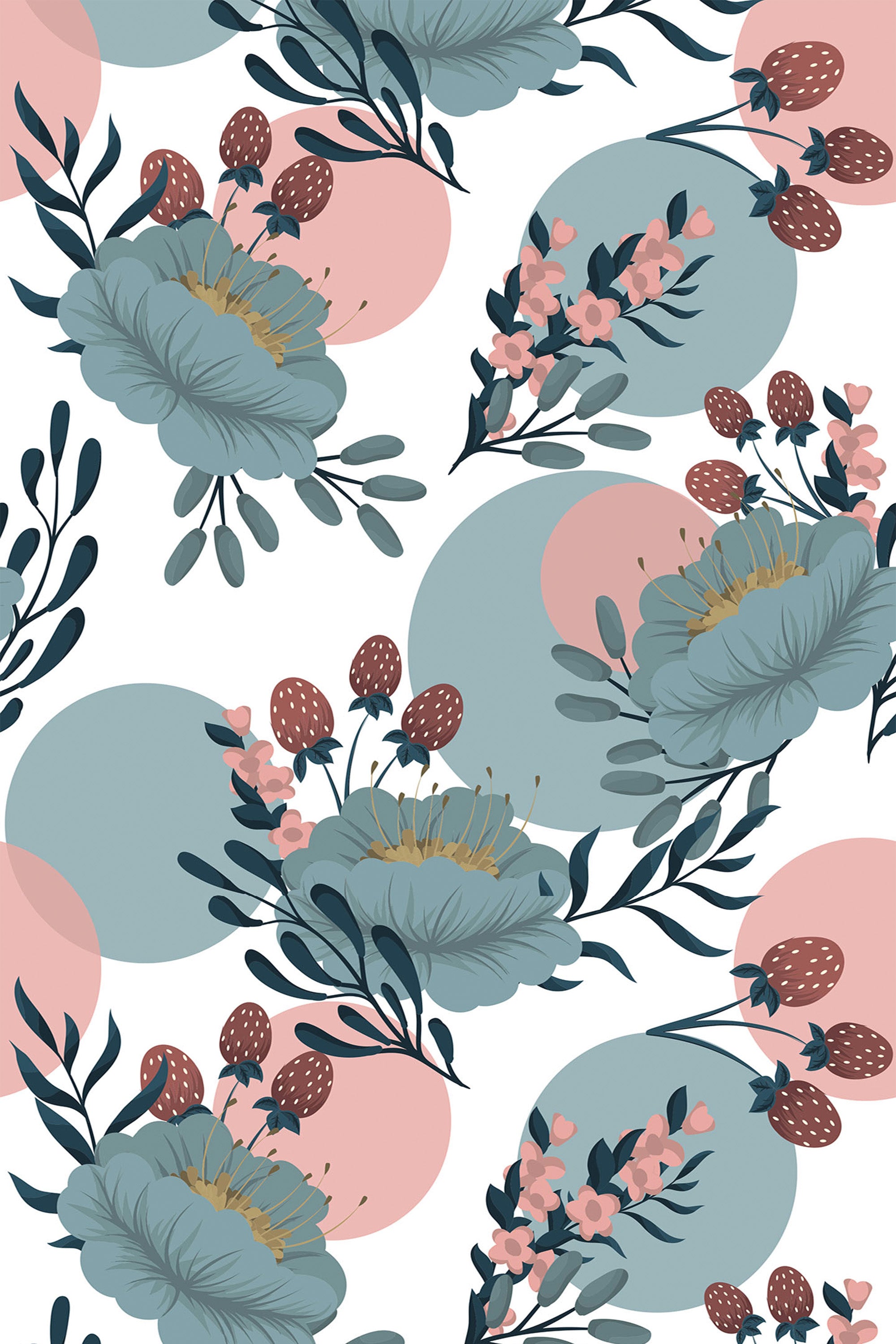 A pastel boho floral wallpaper with a repeating pattern of large teal flowers, pink buds, green leaves, and abstract circles in soft pink and teal tones, creating a delicate and airy design. Peel and stick removable wallpaper.