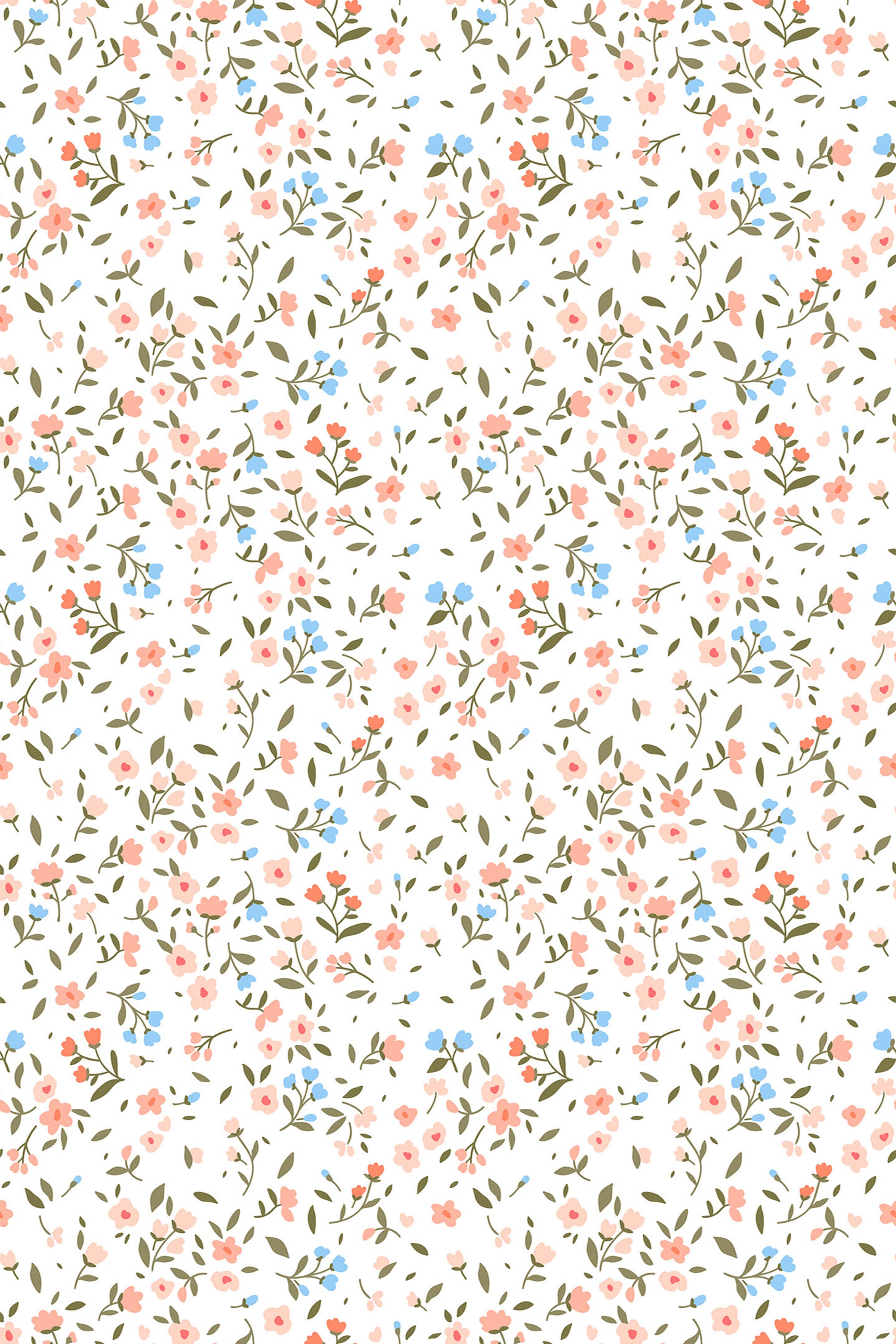 Delicate vintage floral pattern with small pink and blue flowers interspersed with green leaves on a white background. Peel and stick removable wallpaper.