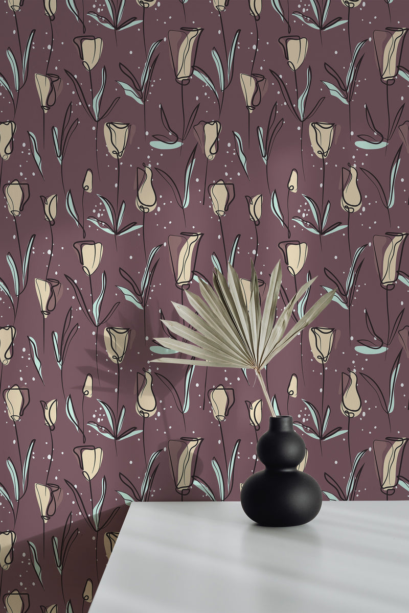 wallpaper peel and stick accent wall bold tulips pattern decorative vase plant