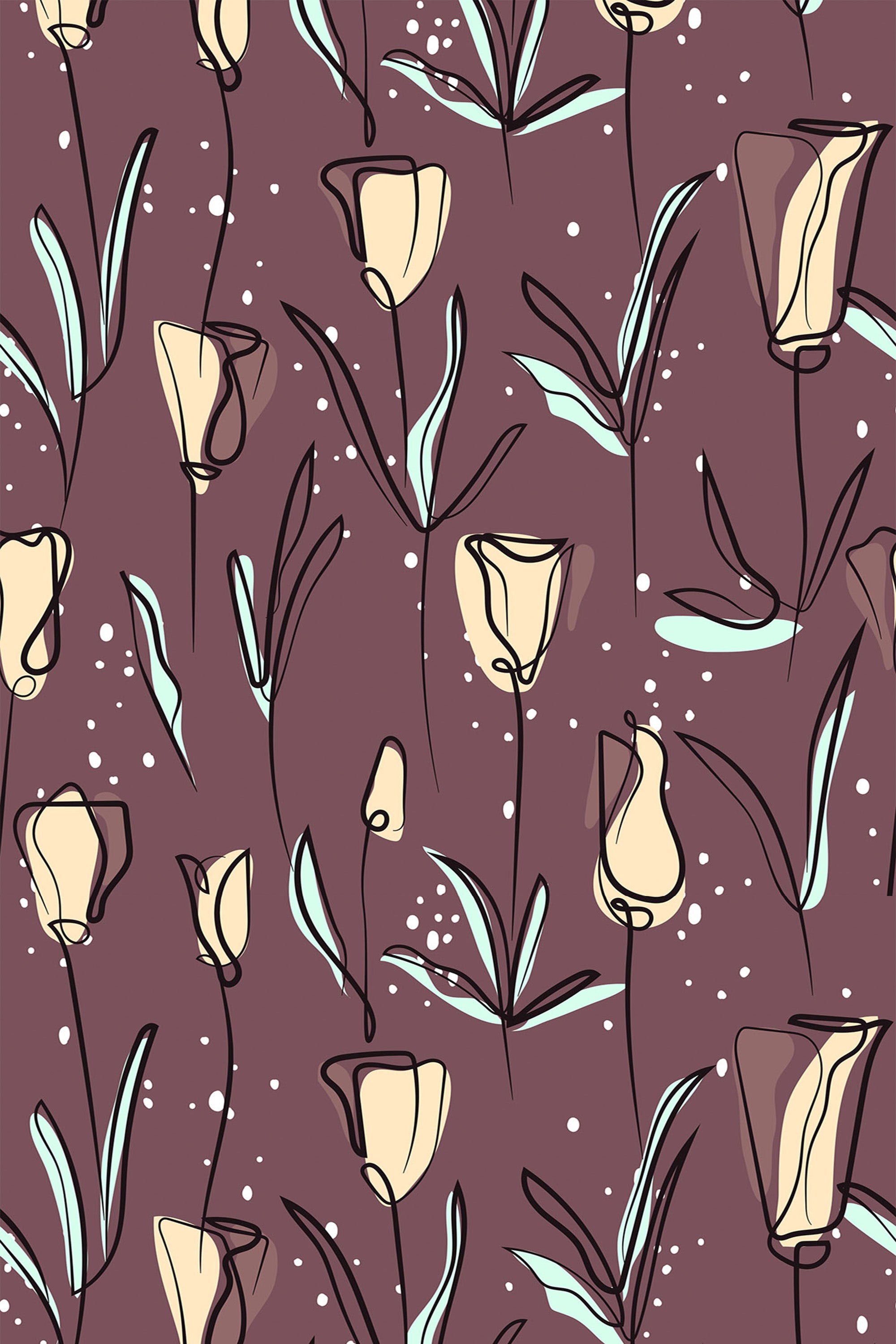 Sketch-style tulips with abstract cream petals and soft green leaves on a deep mauve background. The flowers and leaves are outlined in black with scattered white dots enhancing the design. Peel and stick removable wallpaper.
