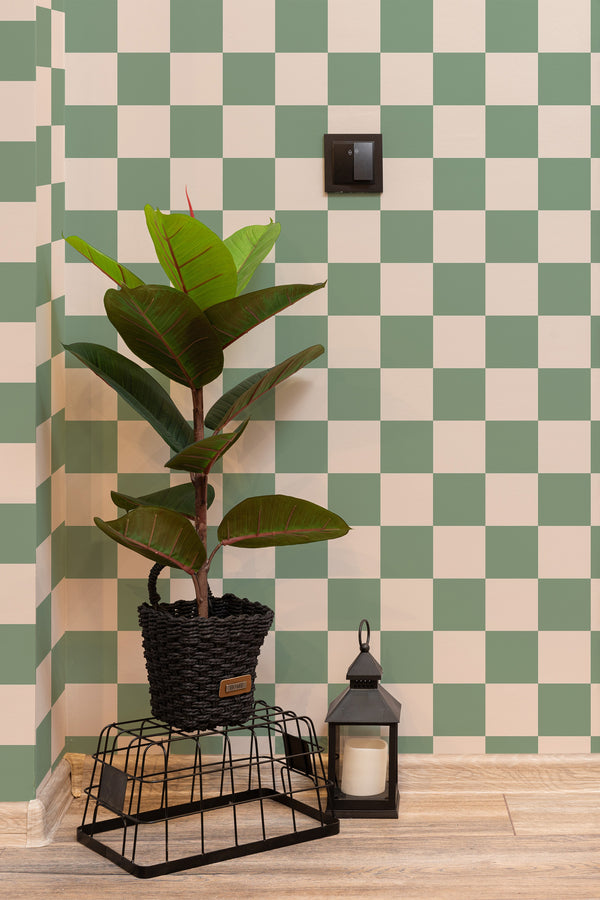 hallway interior green plant black lantern sage green checkered temporary wallpaper