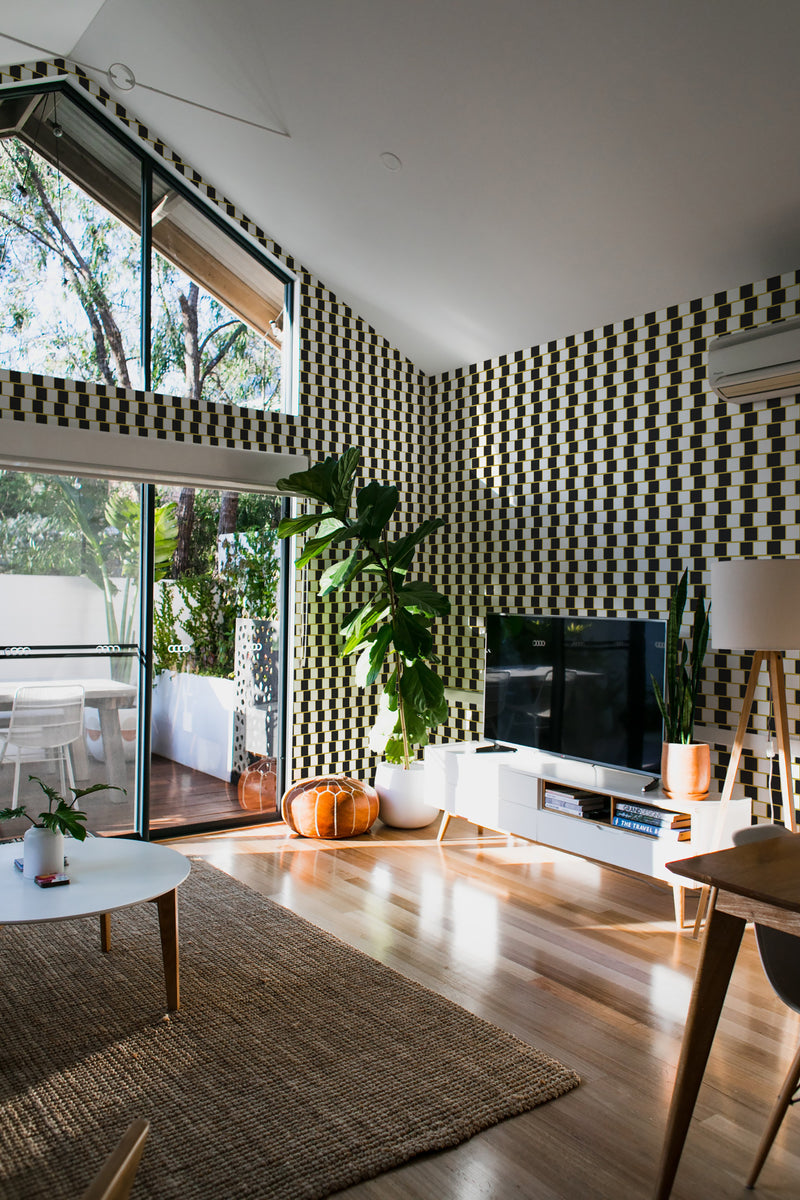 minimalist house terrace green plants living room geometric optical tile stick and peel wallpaper