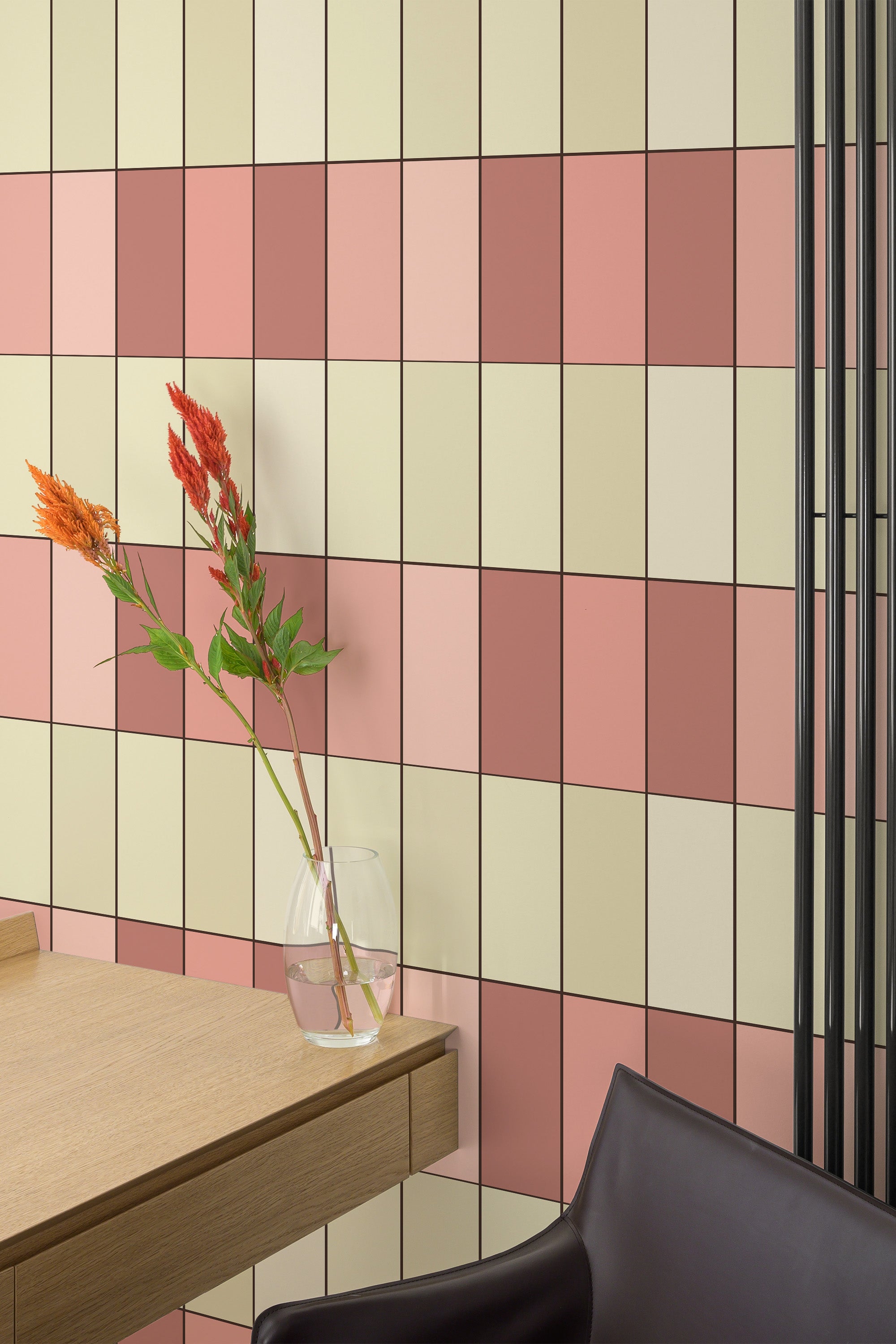 Self-adhesive Skinny tile wallpaper with a grid pattern in alternating shades of soft pink, peach, and cream, creating a sleek, modern, and minimalist look.
