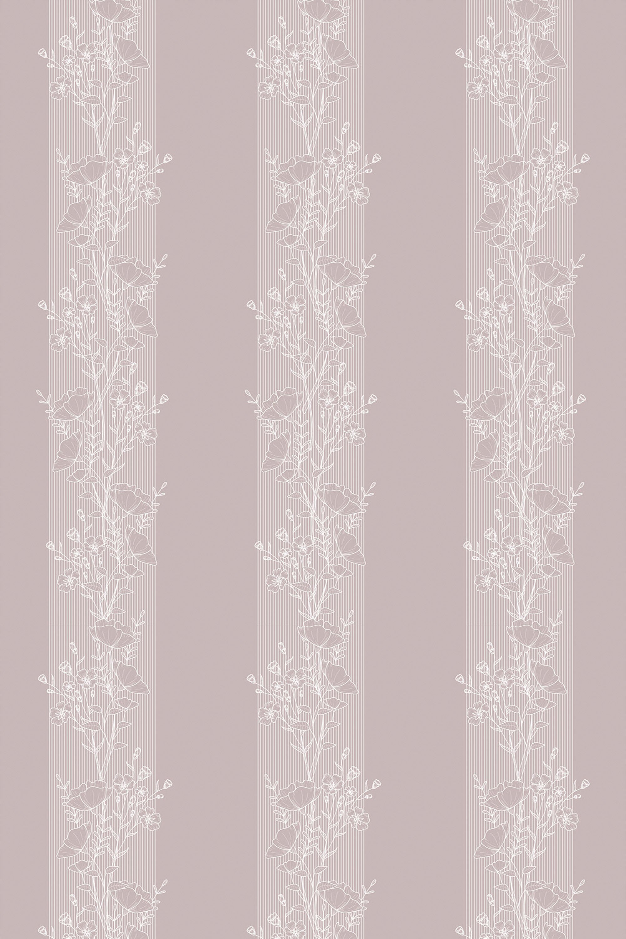 Delicate white floral patterns with intricate leaves and small blossoms arranged in vertical lines on a soft pink background, creating a subtle and elegant design. Peel and stick removable wallpaper.