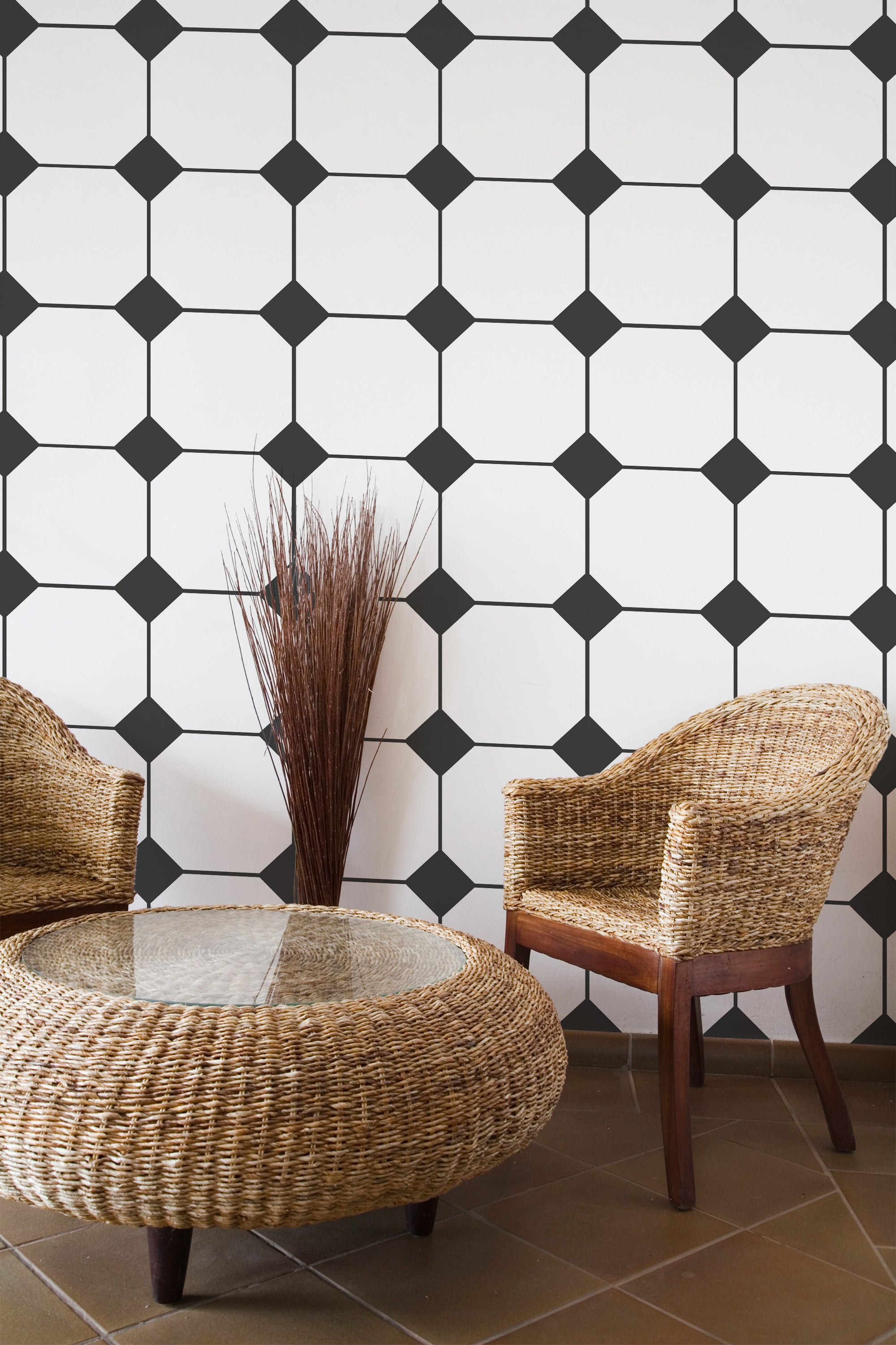 Self-adhesive wallpaper with a geometric black tile design on a white background, creating a clean and modern pattern.