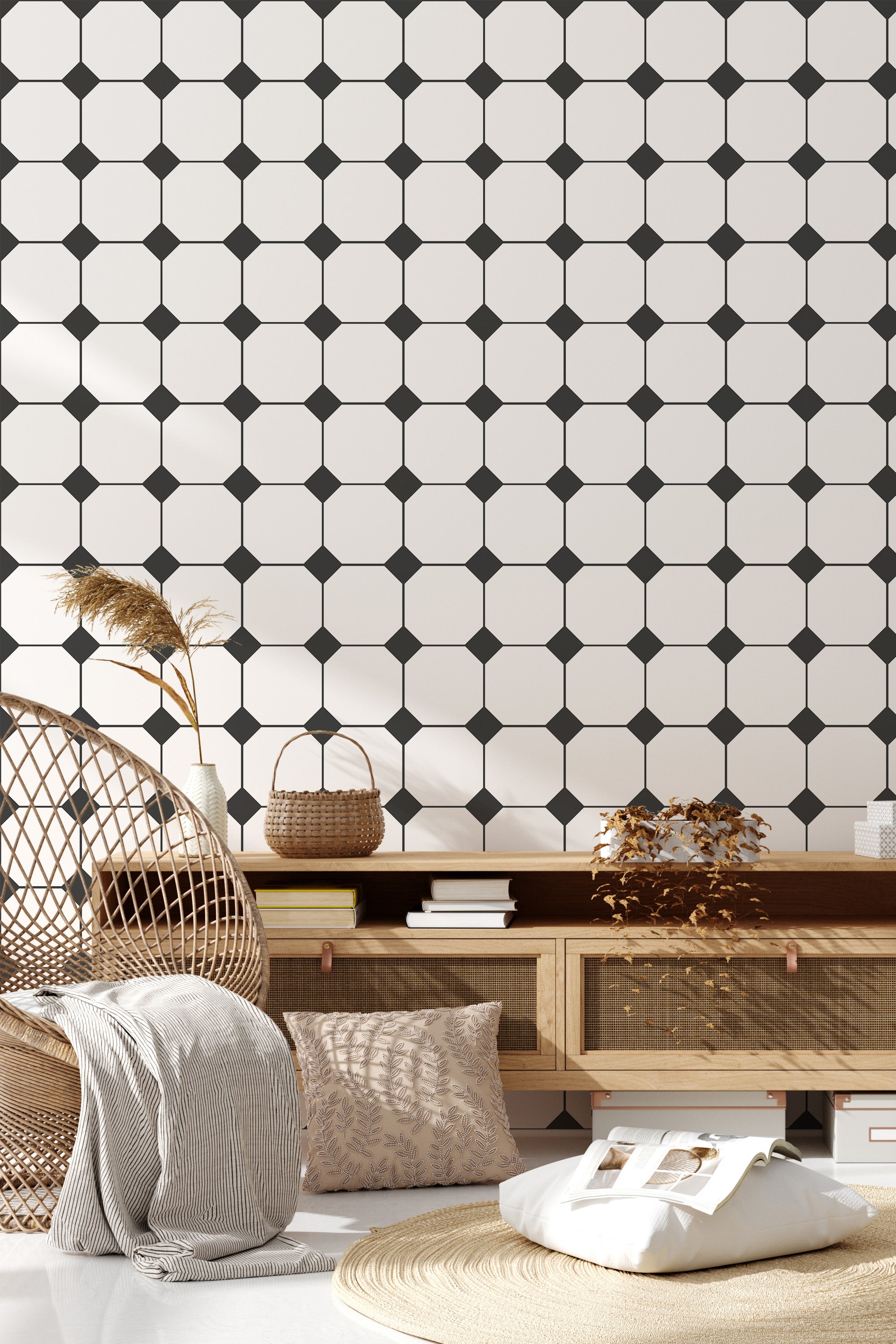 A room with a traditional wallpaper design, in which black hexagon tiles are set against a light background, creating a geometric pattern.
