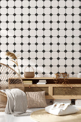 living room rattan furniture decorative plant black tile wall decor