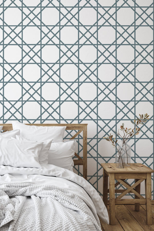 simple bedroom bed nightstand decorative vase oriental tile wall decor