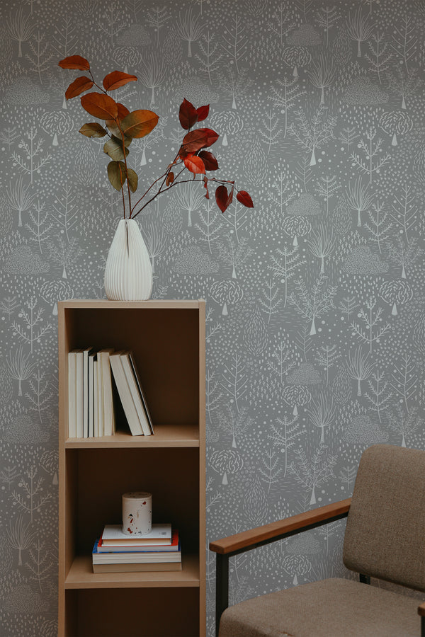 self-adhesive wallpaper snowy forest pattern bookshelf armchair decorative plant interior