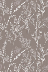 White line art botanical pattern with leaves, branches, and flowers arranged on a muted taupe background, accented with detailed illustrations of butterflies. Peel and stick removable wallpaper.