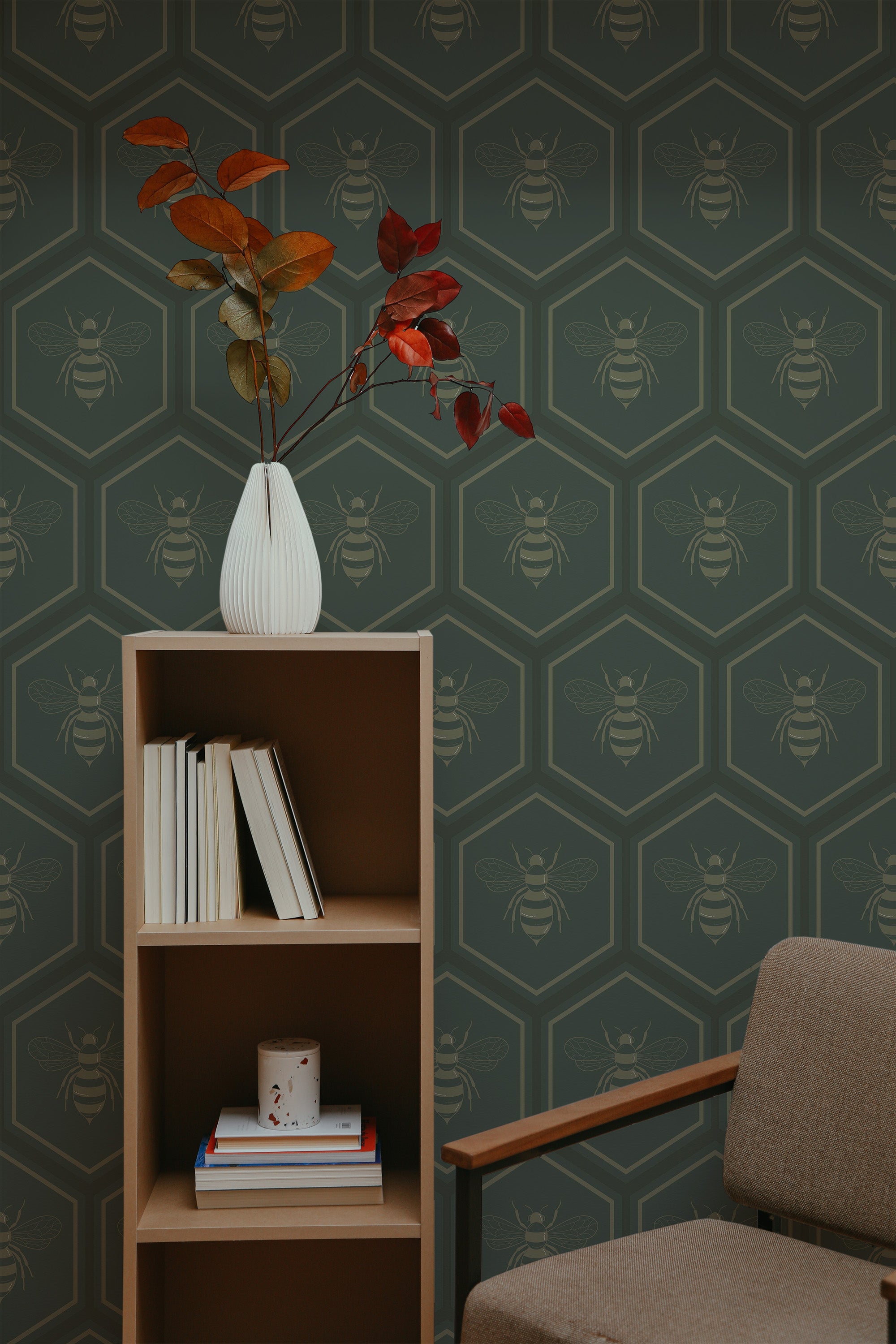 Self-adhesive wallpaper with a bold honeycomb pattern in muted green tones, adorned with subtle bee motifs.