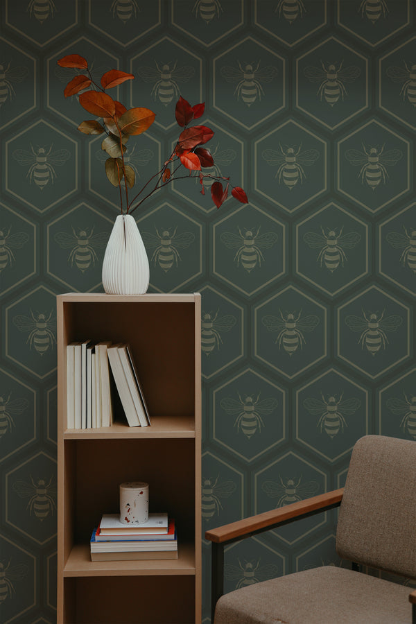 self-adhesive wallpaper bold honeycomb pattern bookshelf armchair decorative plant interior