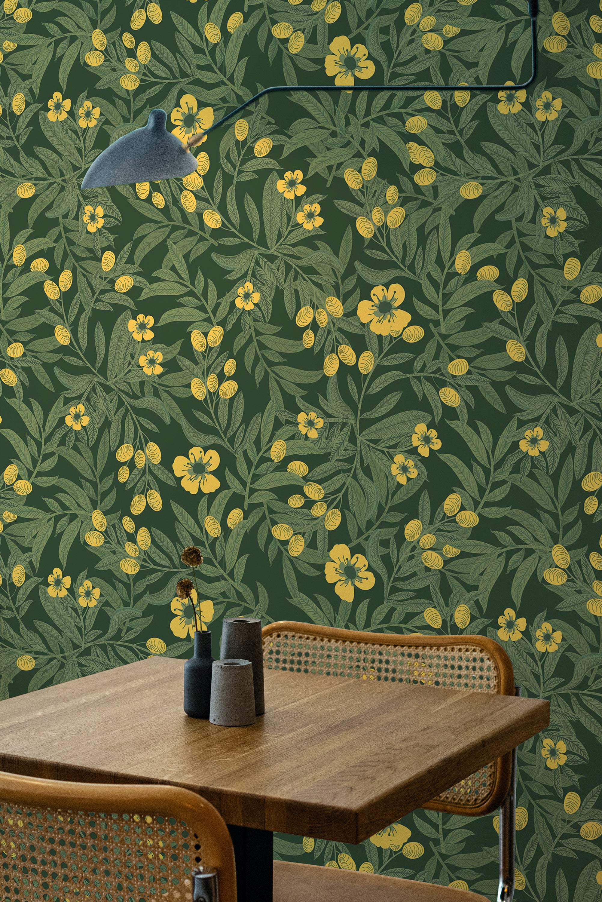 Self-adhesive wallpaper with a bold green bush design, filled with vibrant green leaves and scattered with yellow flowers, creating a natural, lively atmosphere in the room.