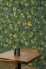 wooden dining table rattan chairs bold green bush peel and stick wallpaper