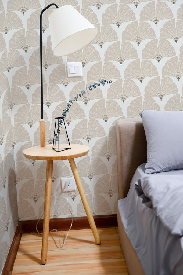 removable wallpaper neutral gingko arch pattern bedroom accent wall simple interior